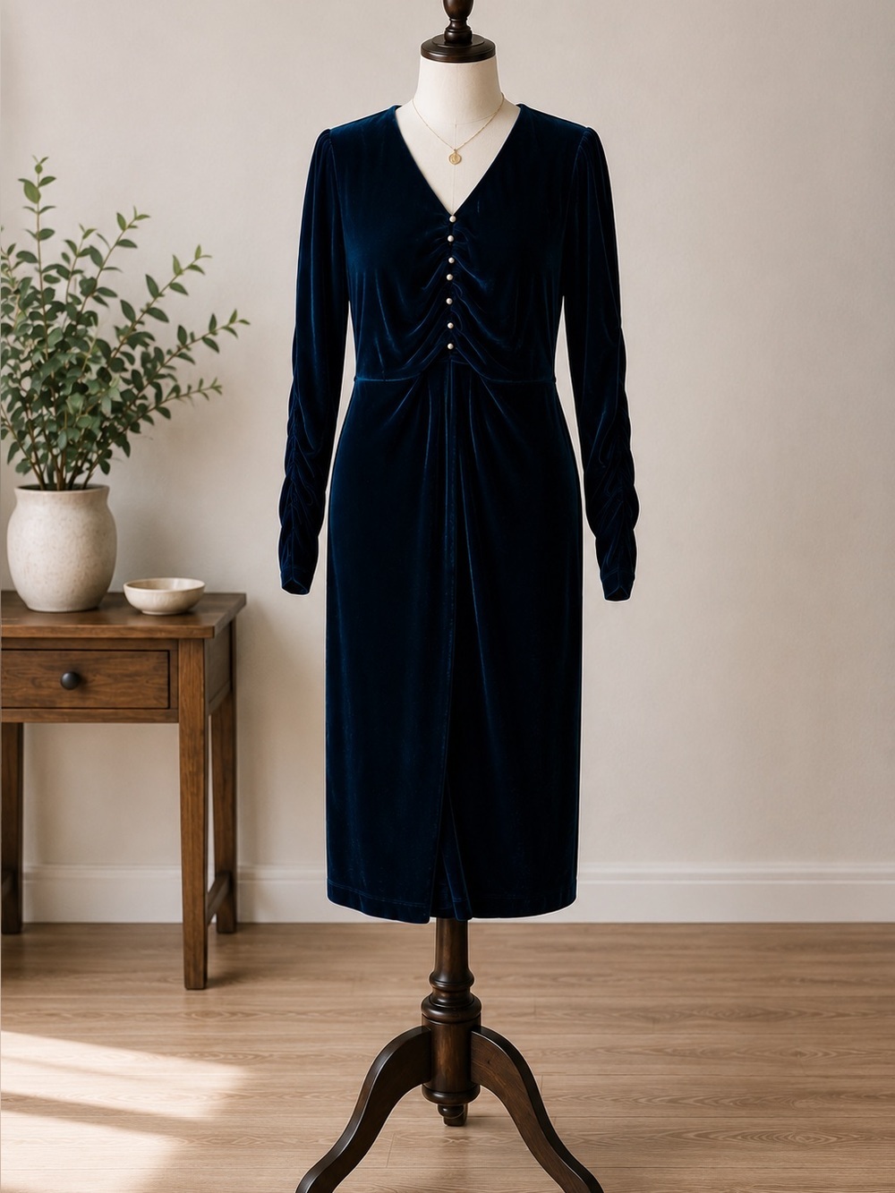 Tristan Dark Teal Velvet Midi Dress Pearl Detail Long Sleeve Cocktail Holiday S